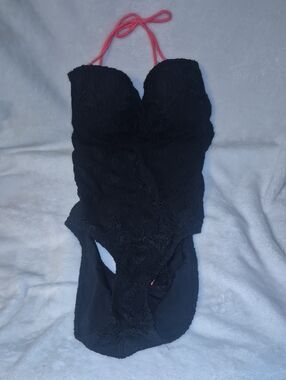 Unique Bargains Black Lace One-Piece Swimsuit with Pink Halter